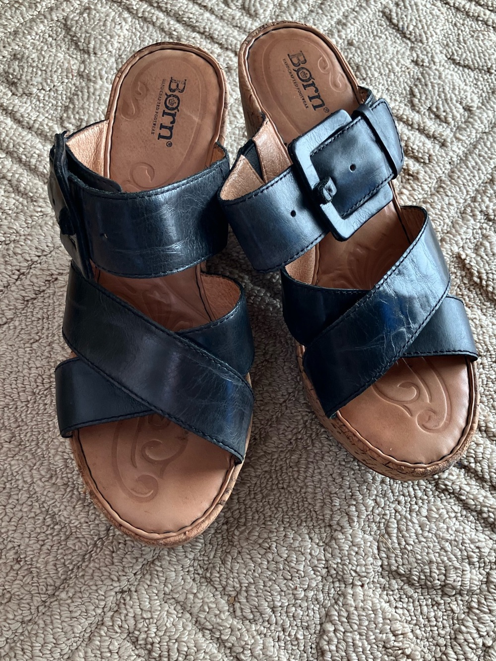 Born Cork Platform Wedges Slide Black Straps sz 9